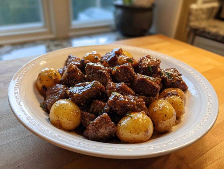 A white bowl filled with chunks of Slow Cooker Garlic Butter Beef with Potatoes, glistening in sauce.