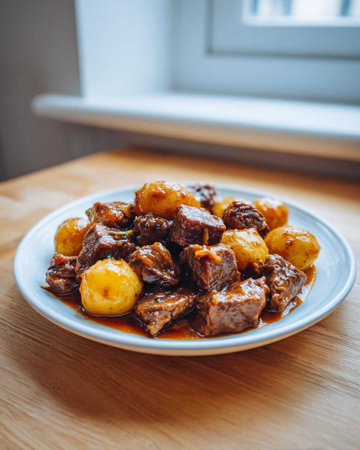 A plate of tender Slow Cooker Garlic Butter Beef with Potatoes coated in a rich, savory sauce.
