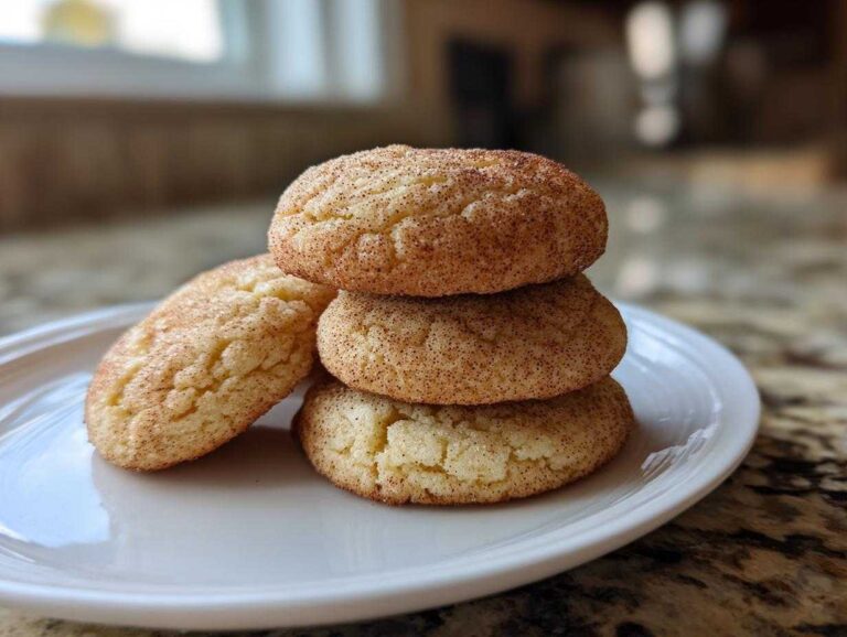 5 Amazing Banana Snickerdoodle Cookies Soft Chewy A stack of three soft chewy Banana Snickerdoodle Cookies coated in cinnamon sugar on a white plate.