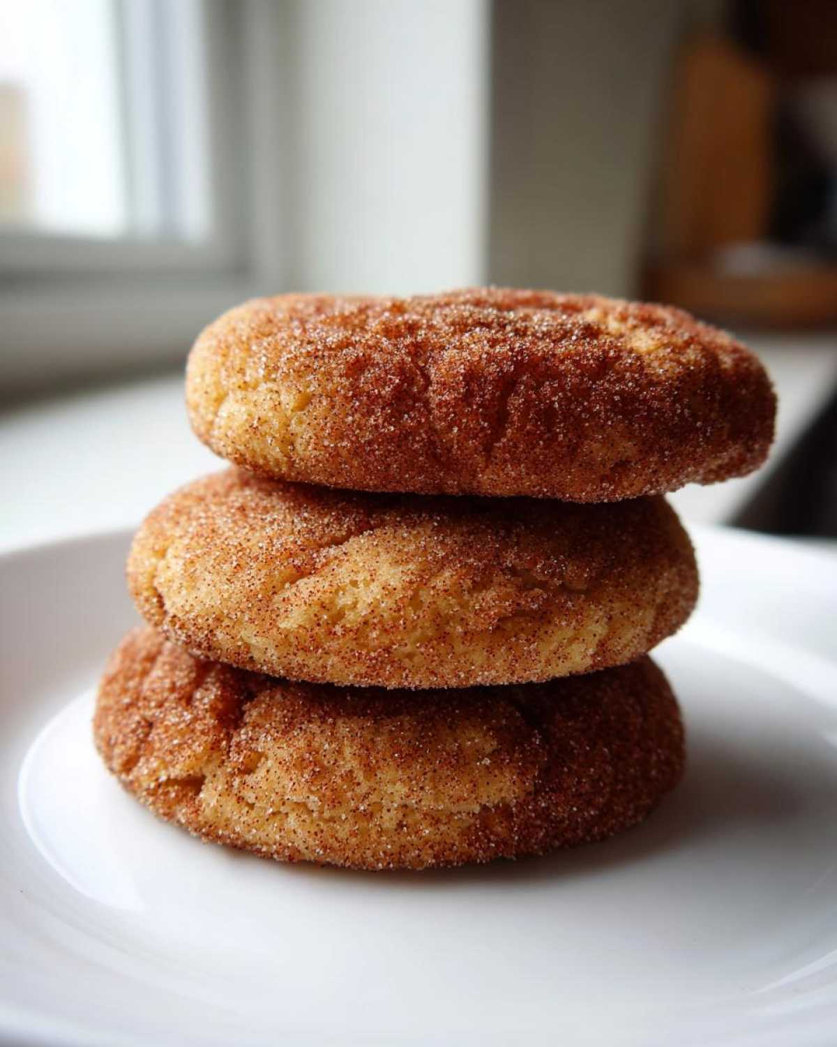 A stack of three soft chewy Banana Snickerdoodle Cookies coated in cinnamon sugar, resting on a white plate.