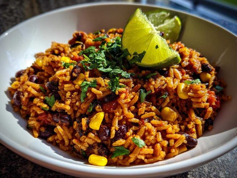 5-Minute Southwest Beans and Rice Dinner Magic A close-up of flavorful Southwest Beans and Rice in a white bowl, garnished with fresh cilantro and lime wedges.
