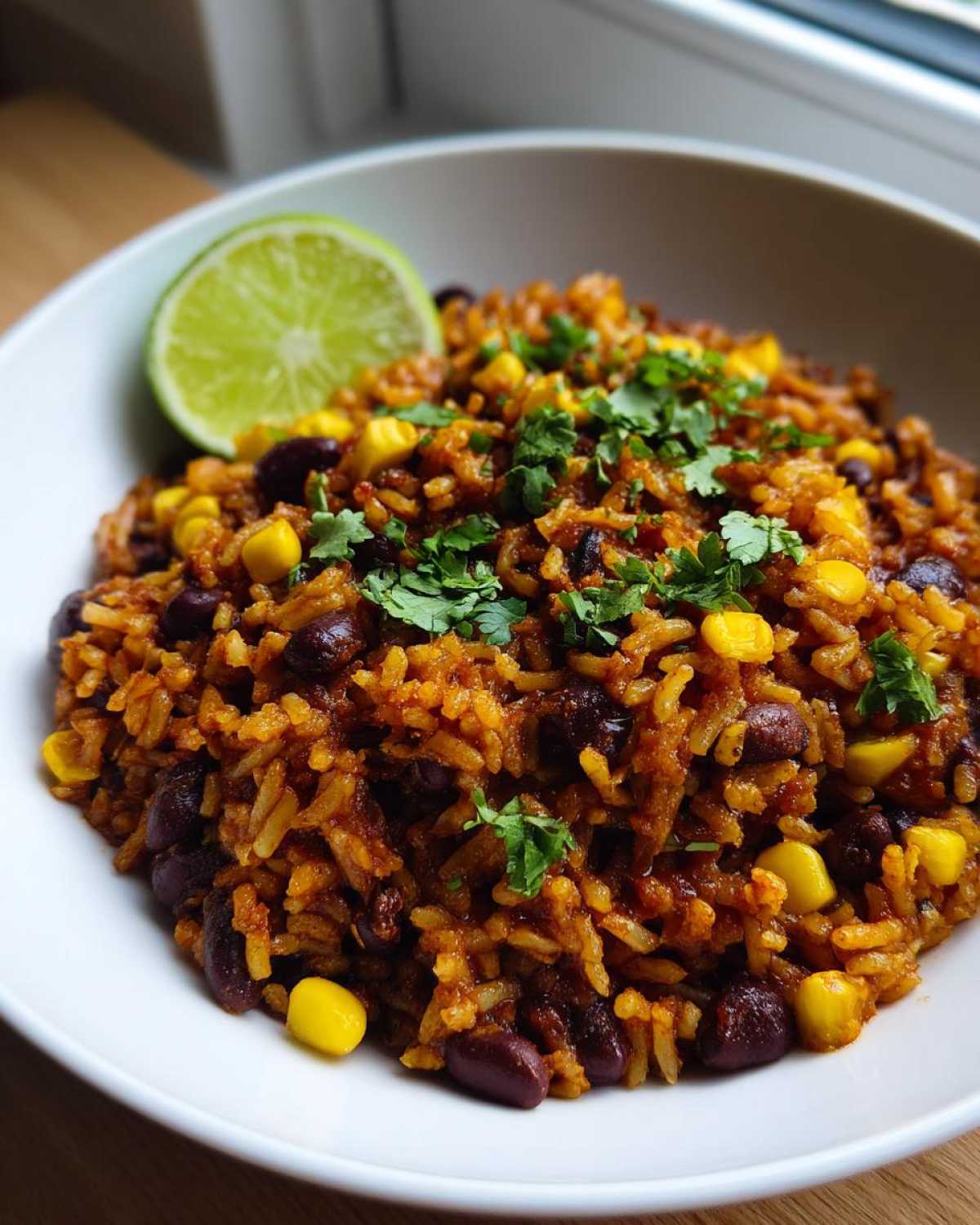 A close-up of Southwest Beans and Rice One Pot Weeknight Dinner garnished with cilantro and a lime wedge.