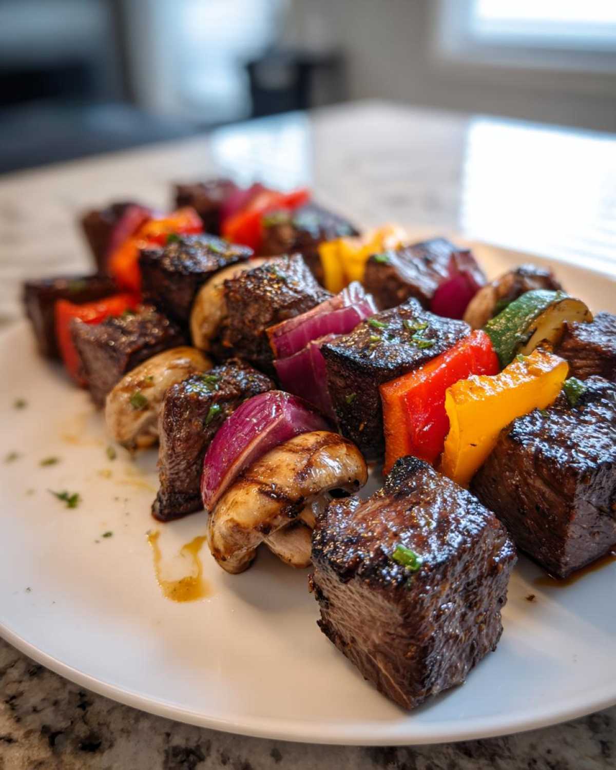 Close-up of juicy, grilled Steak Kabobs featuring seared beef cubes, red onion, mushrooms, and bell peppers on a white plate.