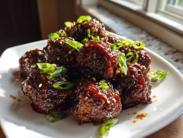 Close-up of glistening Sticky Hoisin Meatballs Asian Appetizer piled on a white plate, garnished with sesame seeds and green onions.
