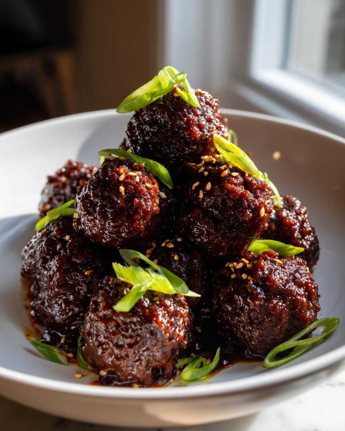 A mound of Sticky Hoisin Meatballs Asian Appetizer coated in dark glaze, garnished with sesame seeds and sliced green onions.