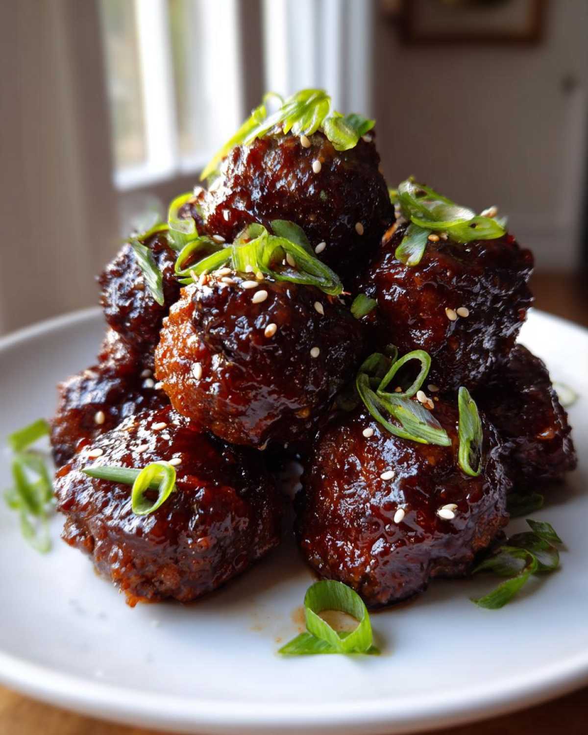 A stack of glossy Sticky Hoisin Meatballs Asian Cuisine Appetizer garnished with sesame seeds and sliced green onions.