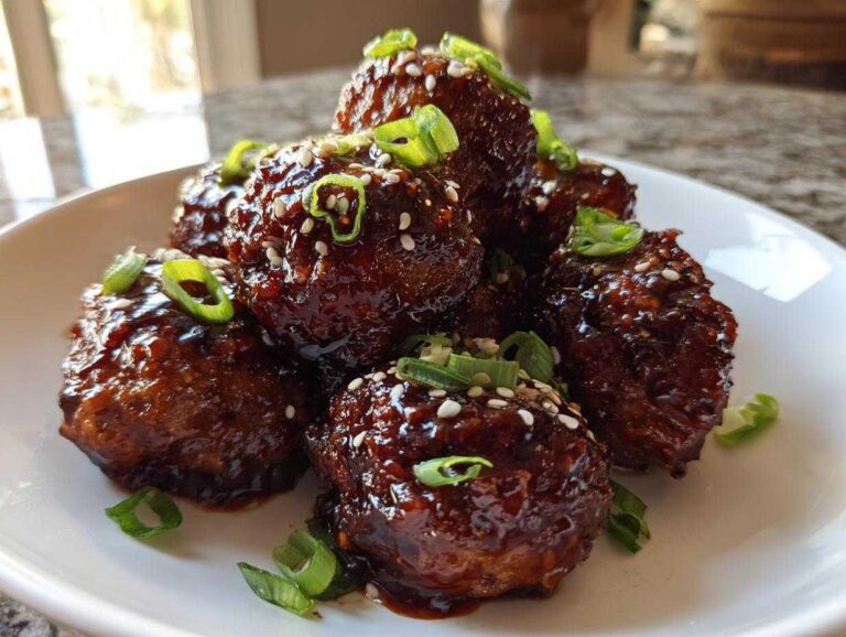 A pile of glazed Sticky Hoisin Meatballs Asian Cuisine Appetizer garnished with sesame seeds and sliced green onions.