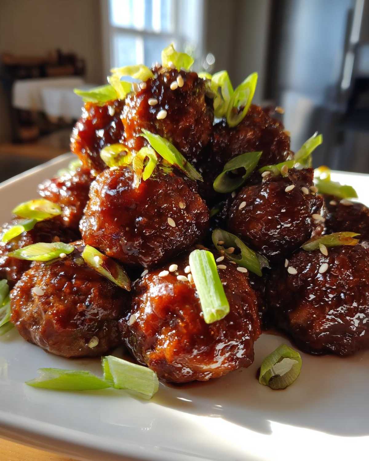 A mound of Sticky Hoisin Meatballs Asian Cuisine Appetizer glazed with sauce, topped with sesame seeds and sliced green onions.