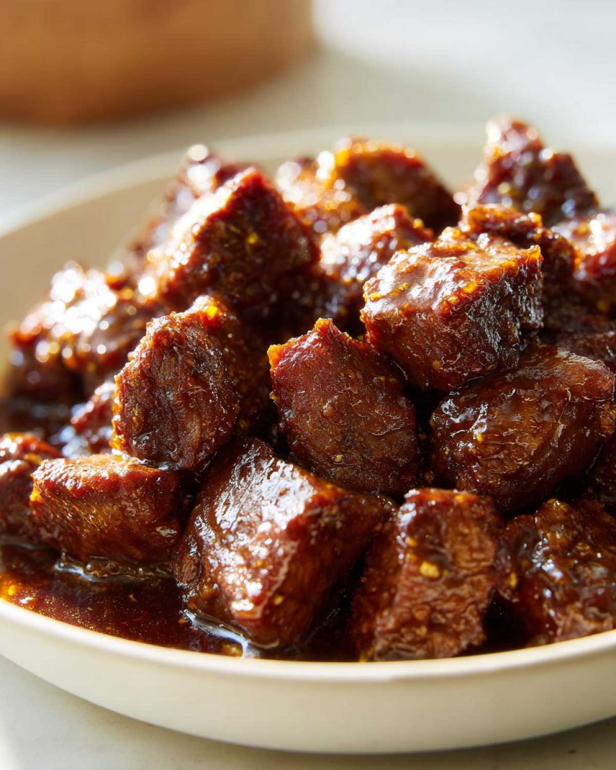 Close-up of tender, cubed beef coated in a thick, dark, glossy sauce, representing the Sticky Steak Bites.