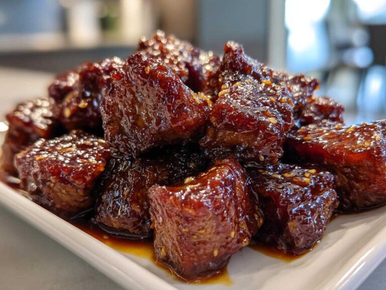 Close-up of glistening, dark brown Sticky Steak Bites piled on a white rectangular plate.