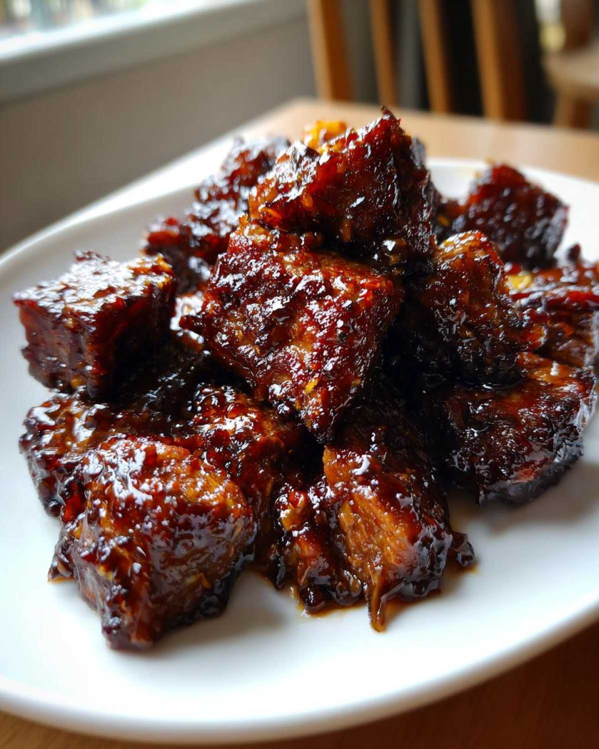 Close-up of perfectly glazed, dark brown Sticky Steak Bites piled high on a white serving plate.