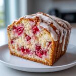 A close-up of a slice of Strawberry Bread Delightful Twist On, showing bright red berries baked into the moist crumb and topped with a white glaze.