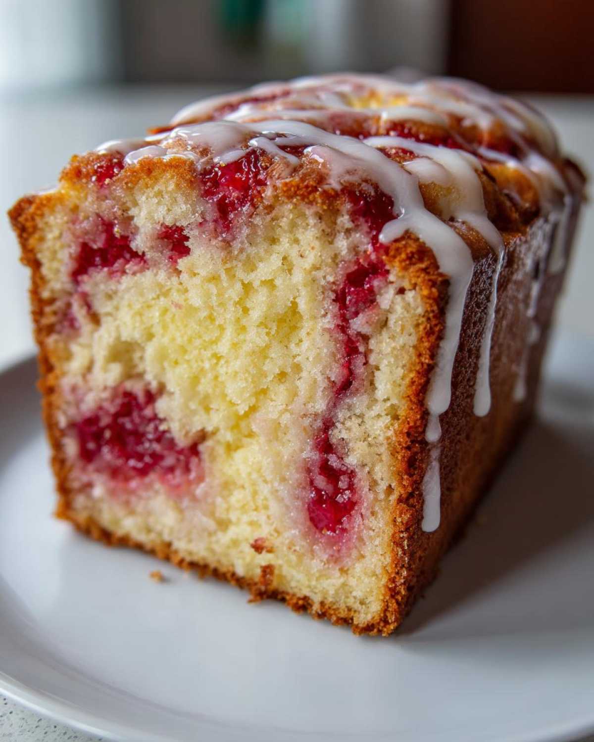 Close-up of a slice of moist Strawberry Bread Delightful Twist On, showing bright red fruit baked into the yellow crumb and drizzled with white icing.