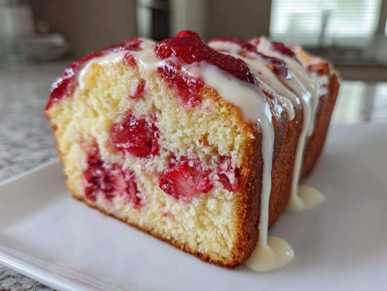 A close-up of a slice of moist strawberry bread, loaded with berries and drizzled with white icing, showcasing a delightful twist on the classic.
