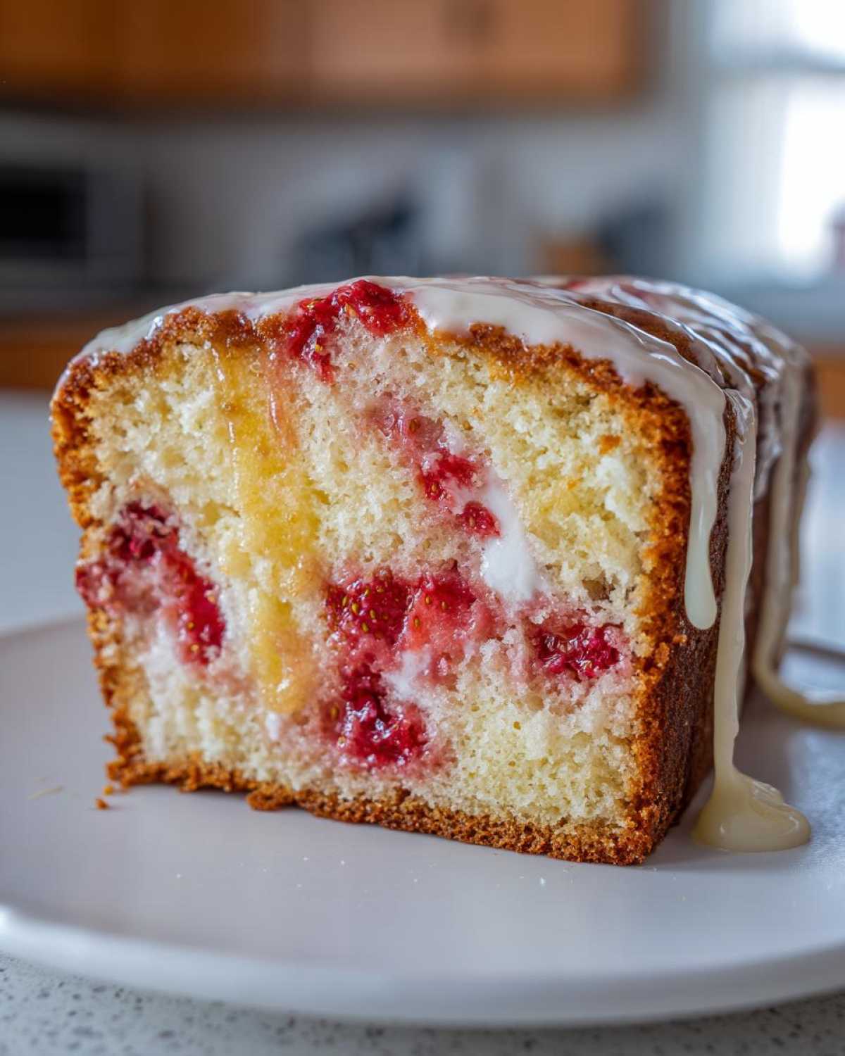 Close-up of a moist slice of Strawberry Bread Delightful Twist On, showing baked strawberries and a thick white glaze dripping down the side.