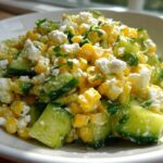 Close-up of a vibrant Street Corn Cucumber Salad Mexican Inspired Elote Salad featuring corn, diced cucumber, and crumbled white cheese.