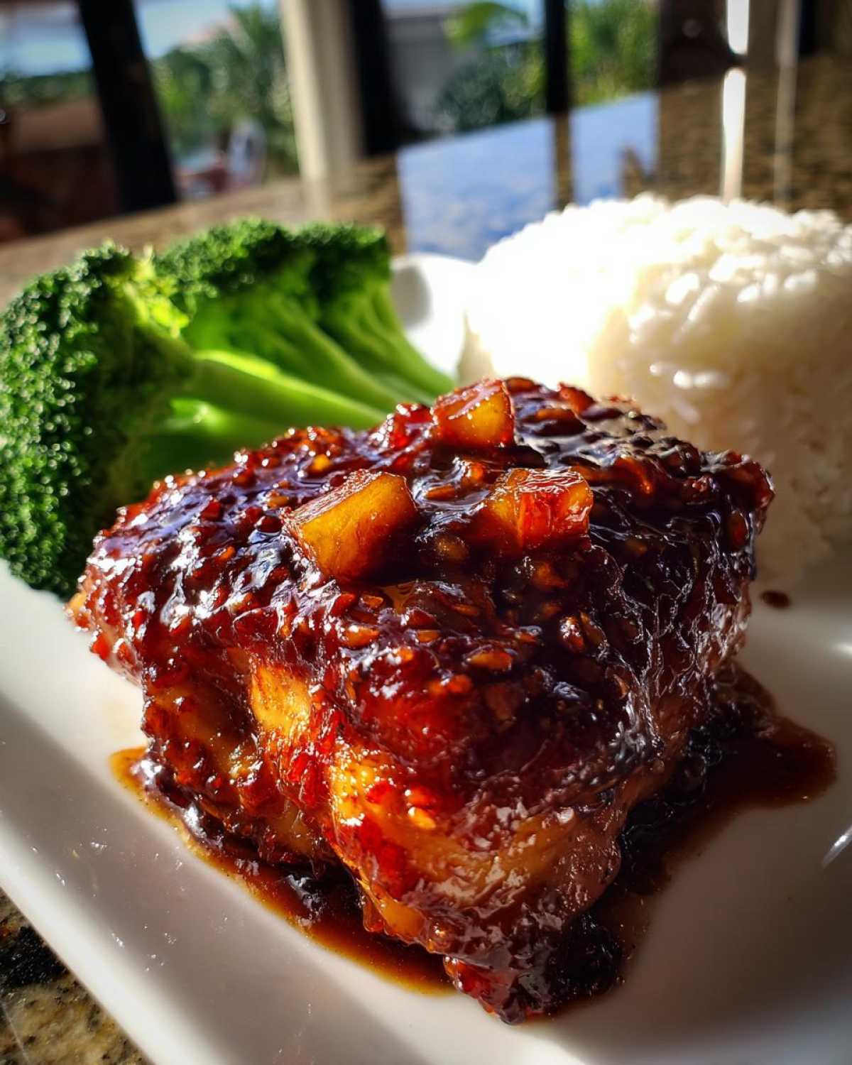 Close-up of a juicy Teriyaki Pineapple Chicken Thighs piece covered in thick, shiny glaze, served with white rice and steamed broccoli.