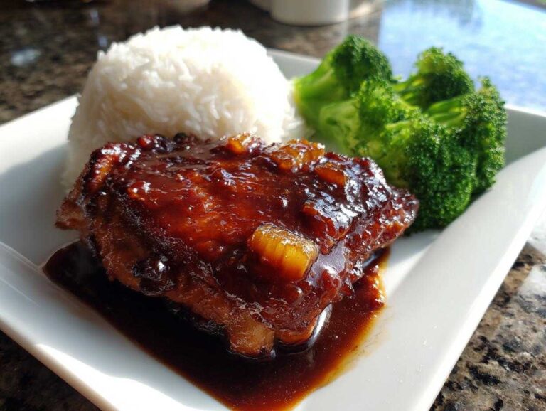 A serving of glazed Teriyaki Pineapple Chicken Thighs next to white rice and steamed broccoli florets.