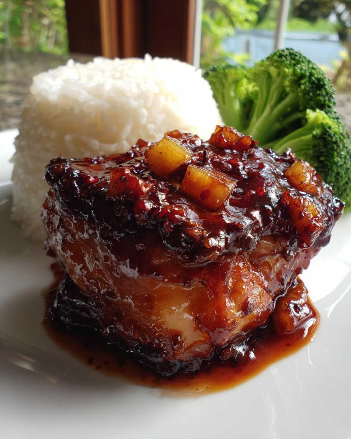 A serving of Teriyaki Pineapple Chicken Thighs covered in thick glaze, next to white rice and steamed broccoli.