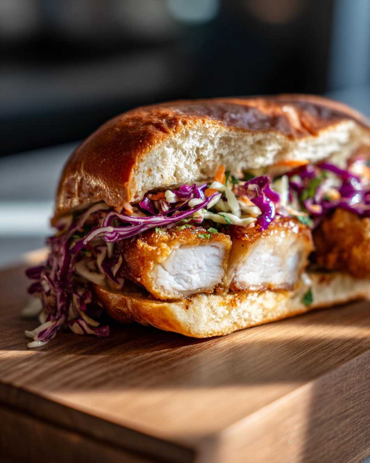 Cross-section of a crispy Thai Fried Chicken Sandwich Asian on a bun with vibrant purple and white slaw.