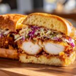 Close-up of a Thai Fried Chicken Sandwich Asian cut in half, showing crispy chicken, slaw, and sauce on a brioche bun.