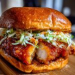 Close-up of a juicy Thai Fried Chicken Sandwich Asian with crispy coating, topped with fresh coleslaw on a toasted brioche bun.