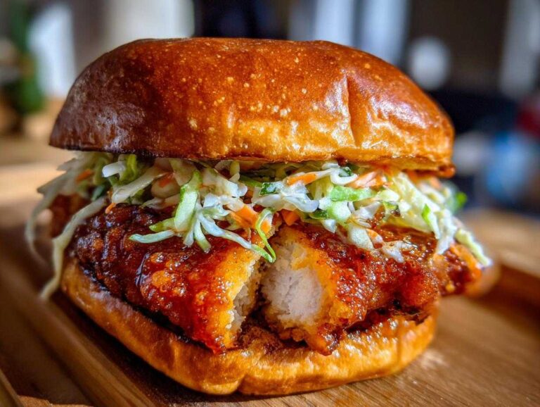 Close-up of a juicy Thai Fried Chicken Sandwich Asian with crispy coating, topped with fresh coleslaw on a toasted brioche bun.