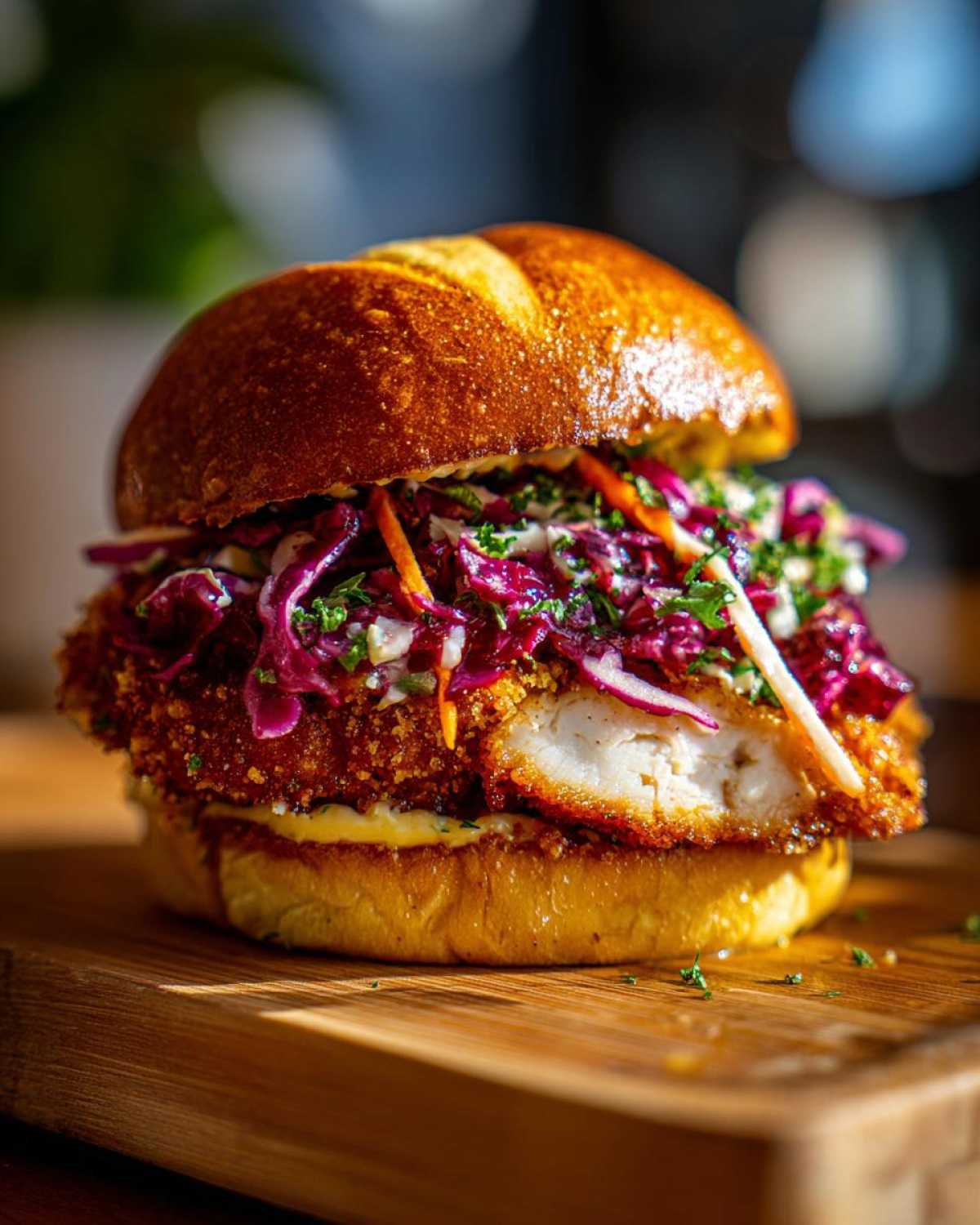 Close-up of a juicy Thai Fried Chicken Sandwich Asian featuring a thick, crispy chicken fillet and vibrant red cabbage slaw on a brioche bun.
