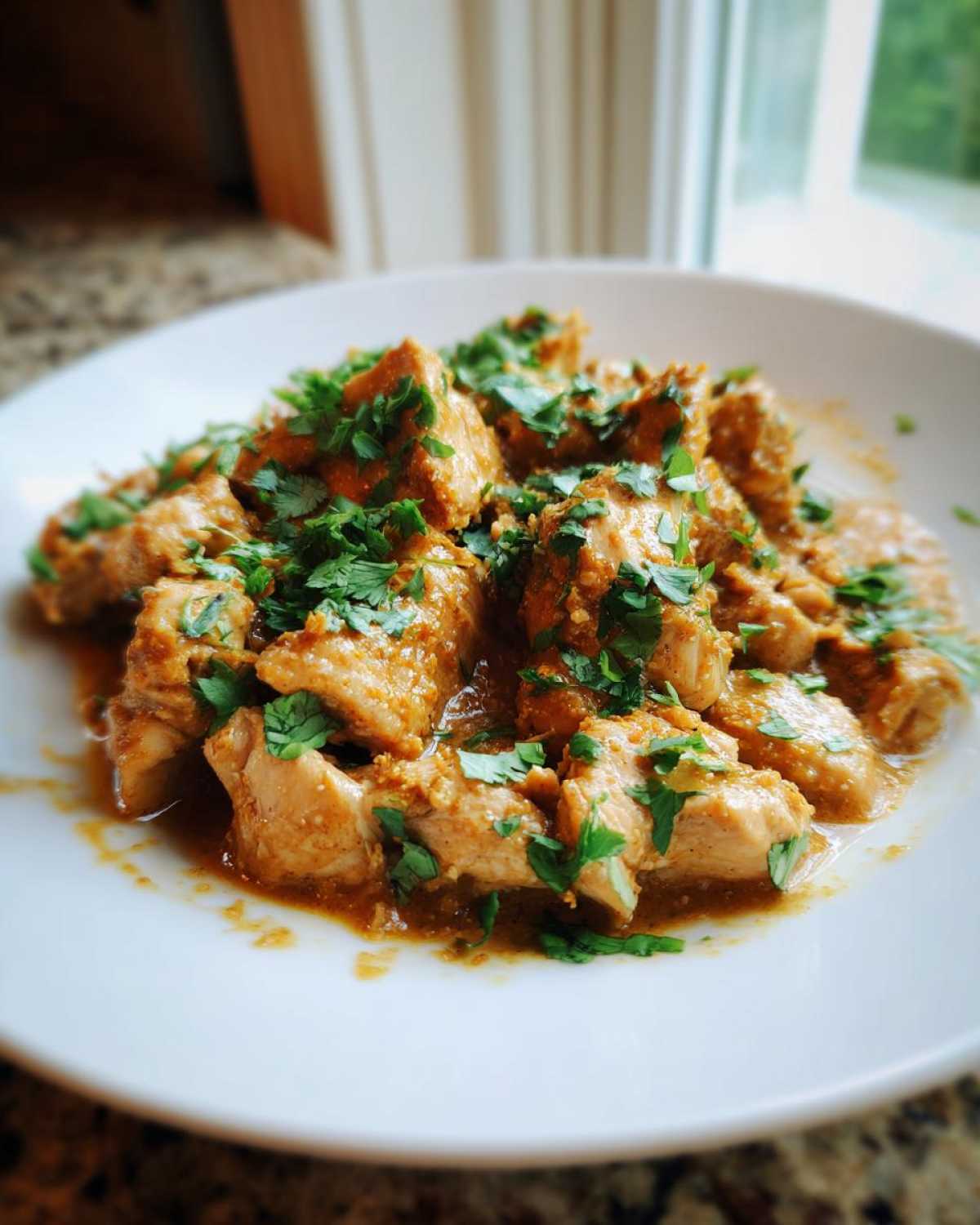 Close-up of bite-sized pieces of Thai Spiced Peanut Butter Chicken coated in sauce and garnished with fresh cilantro.