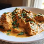 Close-up of tender chicken pieces coated in rich sauce, ready to eat Thai Spiced Peanut Butter Chicken.