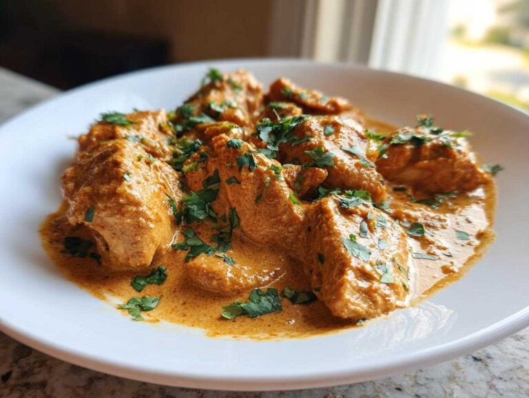 Close-up of tender chicken pieces coated in rich sauce, ready to eat Thai Spiced Peanut Butter Chicken.