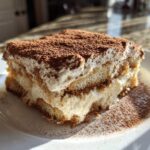 A rich slice of Tiramisu dusted with cocoa powder, perfect for coffee recipes.