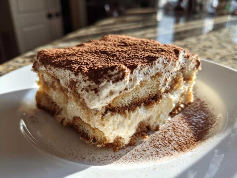 A rich slice of Tiramisu dusted with cocoa powder, perfect for coffee recipes.