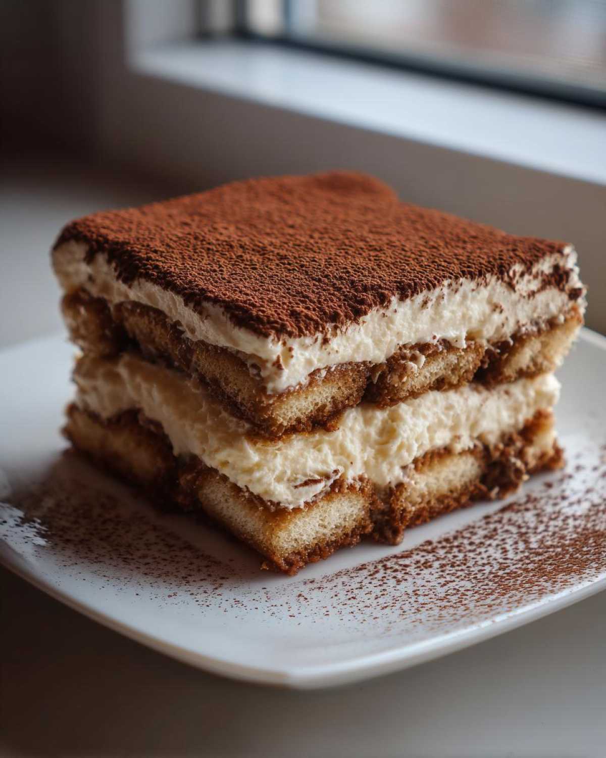 A decadent, layered slice of tiramisu dusted with cocoa powder, perfect for coffee recipes.