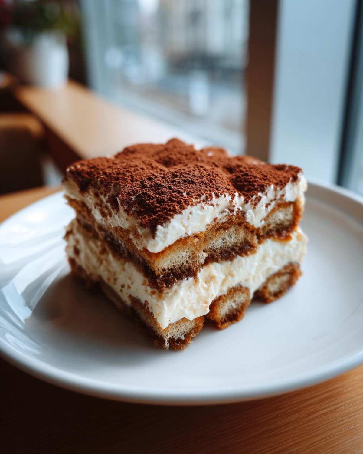 A decadent slice of Tiramisu, layered with cream and dusted with cocoa, perfect for coffee recipes.