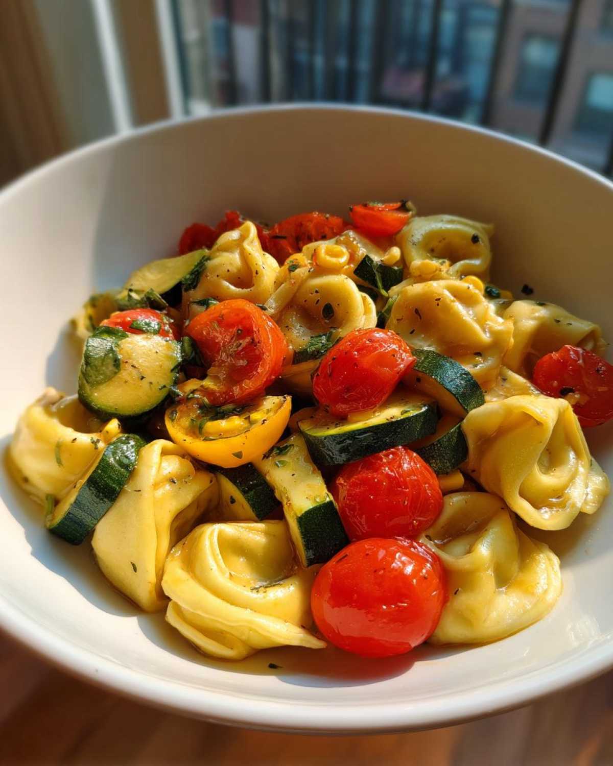 Close-up of a white bowl filled with Tortellini with Summer Vegetables, featuring bright red cherry tomatoes and sliced zucchini.