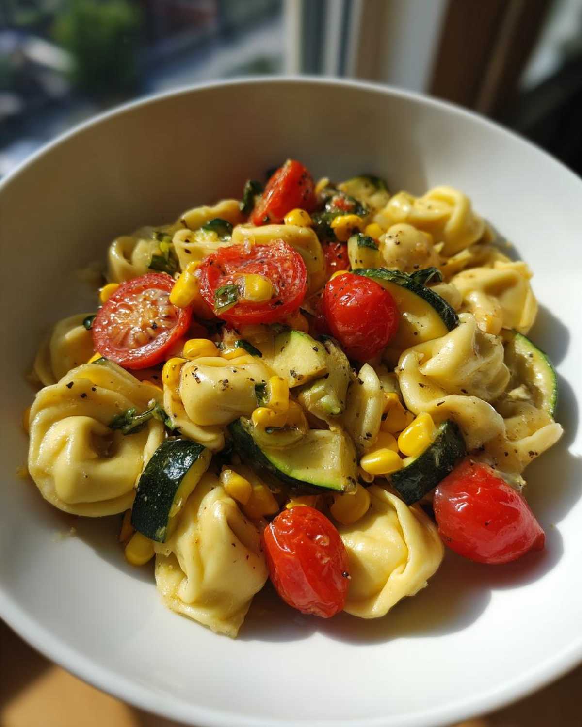 Close-up of Tortellini with Summer Vegetables featuring bright cherry tomatoes, zucchini slices, and corn kernels in a white bowl.