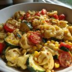 A close-up of a white bowl filled with Tortellini with Summer Vegetables, featuring zucchini, corn, and cherry tomatoes.