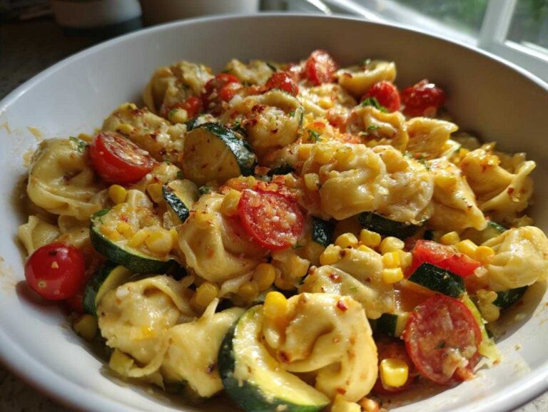 Amazing 25-min Tortellini with Summer Vegetables A close-up of a white bowl filled with Tortellini with Summer Vegetables, featuring zucchini, corn, and cherry tomatoes.