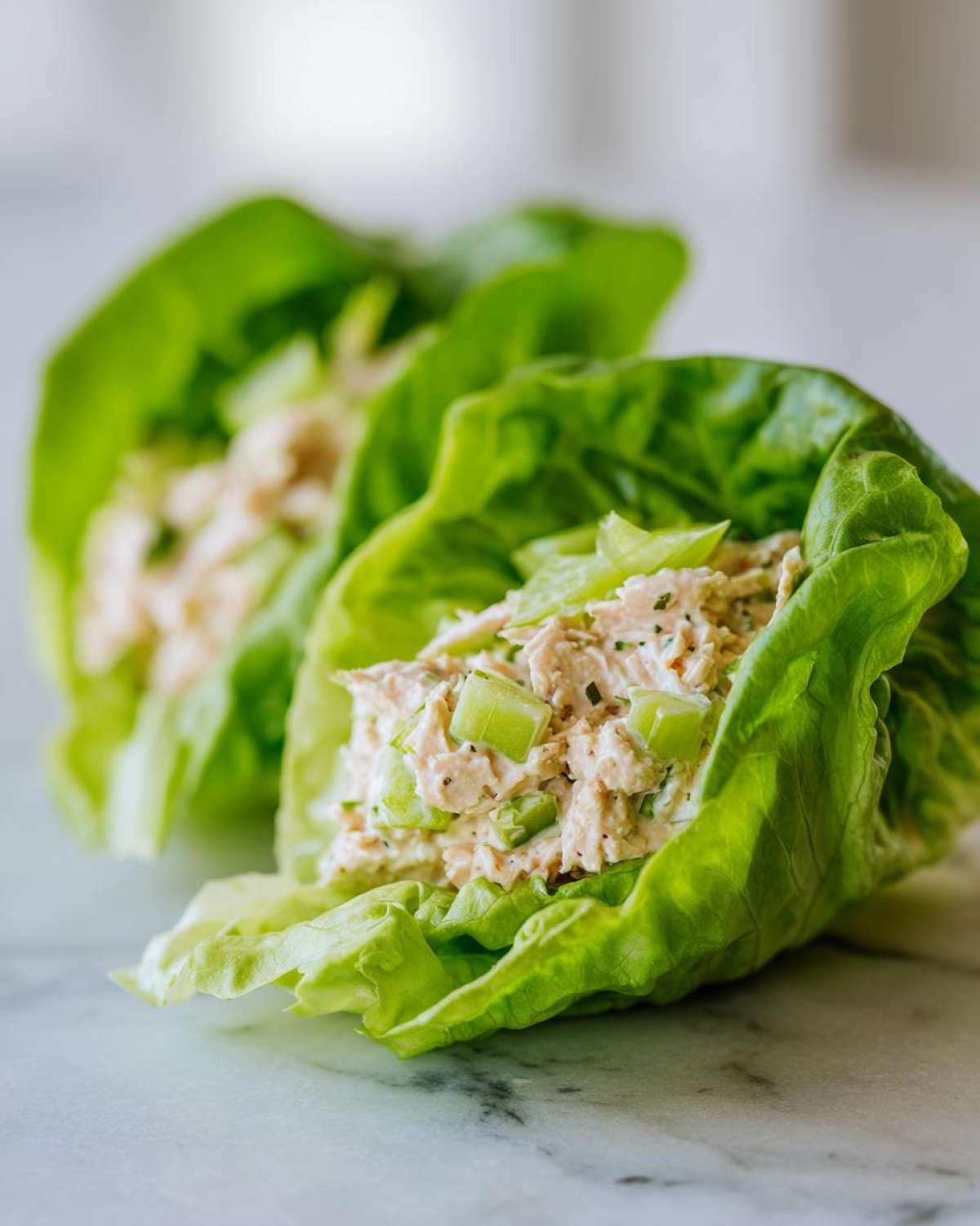Two fresh tuna salad lettuce wraps showing creamy tuna mix with celery, an easy way to eat tuna.