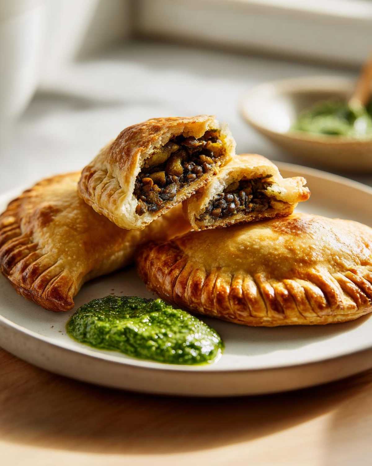 Close-up of golden-brown Vegan Lentil Empanadas, one cut open to show the lentil filling, served with a dollop of bright green chimichurri.