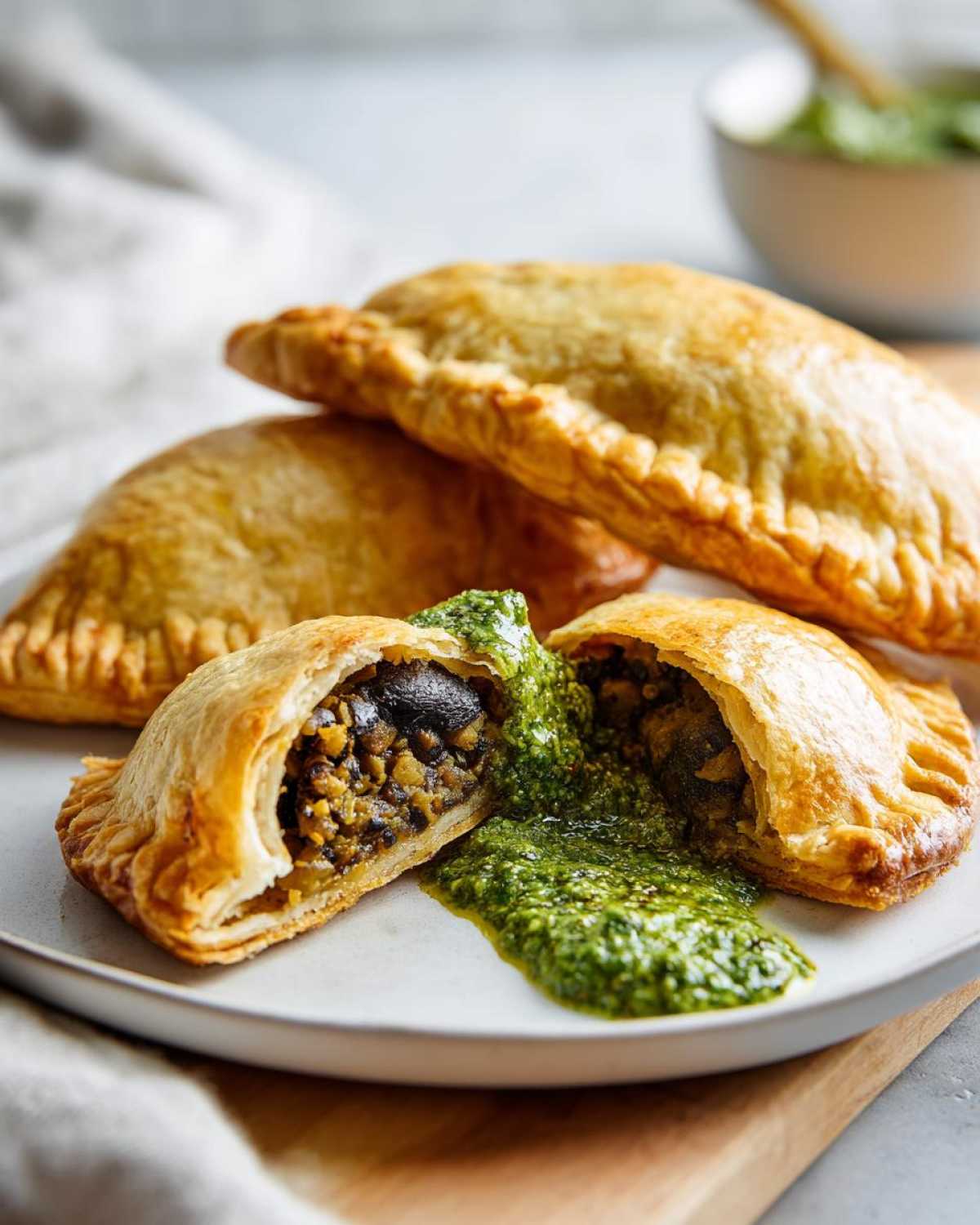A close-up of golden Vegan Lentil Empanadas, one cut open showing the filling and drizzled with bright green chimichurri sauce.