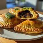 Three golden-brown Vegan Lentil Empanadas Chimichurri on a plate, one cut open showing the filling.