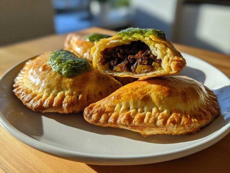 Three golden-brown Vegan Lentil Empanadas Chimichurri on a plate, one cut open showing the filling.