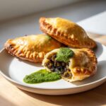Three golden-brown Vegan Lentil Empanadas Chimichurri on a white plate, one cut open showing lentil filling and topped with bright green sauce.