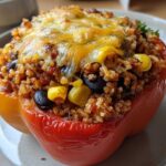 Close-up of a baked red bell pepper filled with rice, black beans, corn, and topped with melted cheese, a perfect Vegetarian Stuffed Peppers Rice.