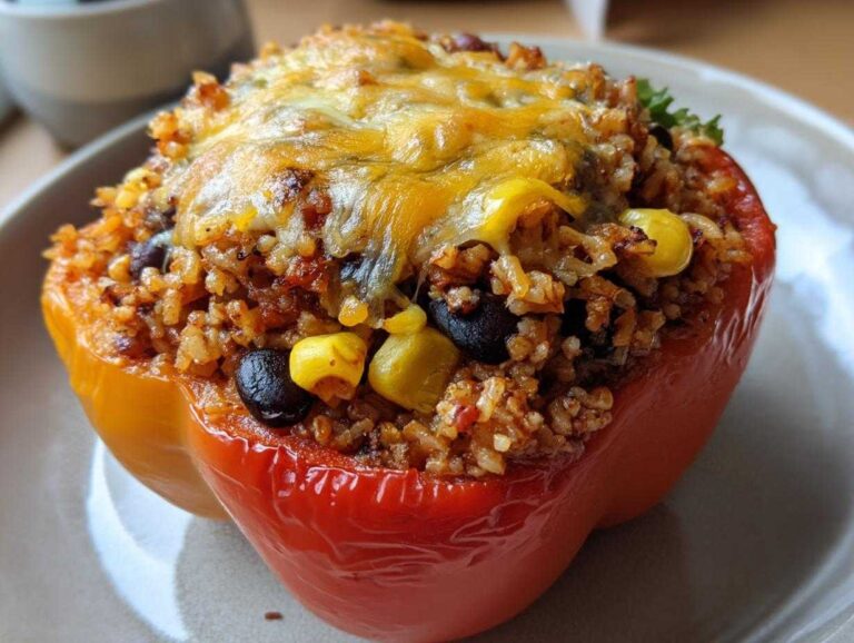 Close-up of a baked red bell pepper filled with rice, black beans, corn, and topped with melted cheese, a perfect Vegetarian Stuffed Peppers Rice.
