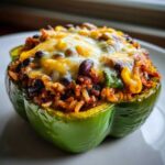 A single green bell pepper stuffed with rice, black beans, corn, and topped with melted cheese, ready to eat Vegetarian Stuffed Peppers Rice.
