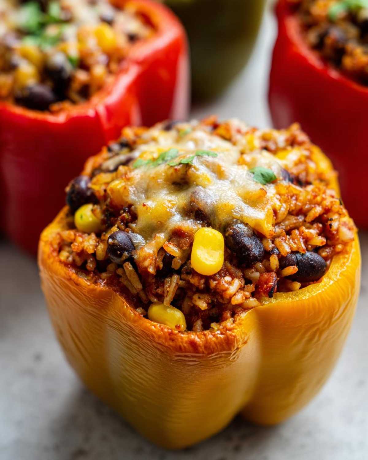 A close-up of a yellow bell pepper filled with Vegetarian Stuffed Peppers Rice, topped with melted cheese and cilantro.