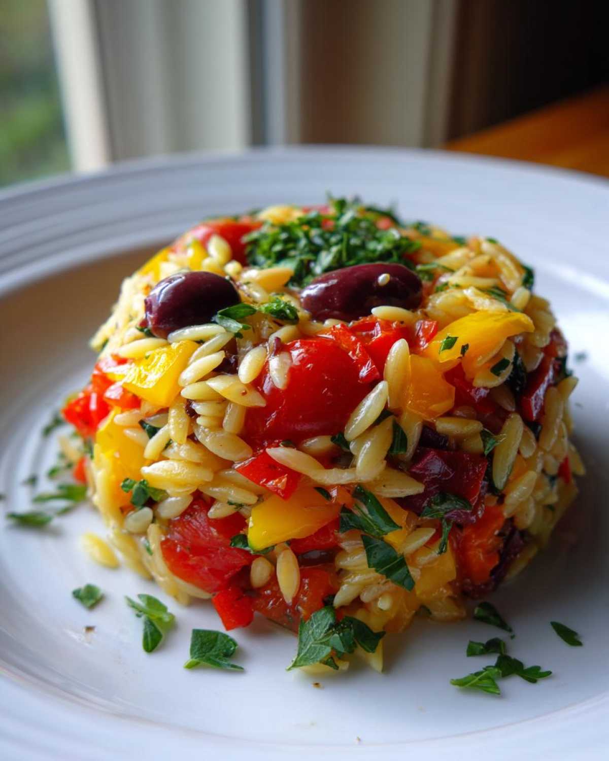 A perfectly molded serving of Veggie Rainbow Orzo Salad featuring pasta, red and yellow peppers, and topped with Kalamata olives.